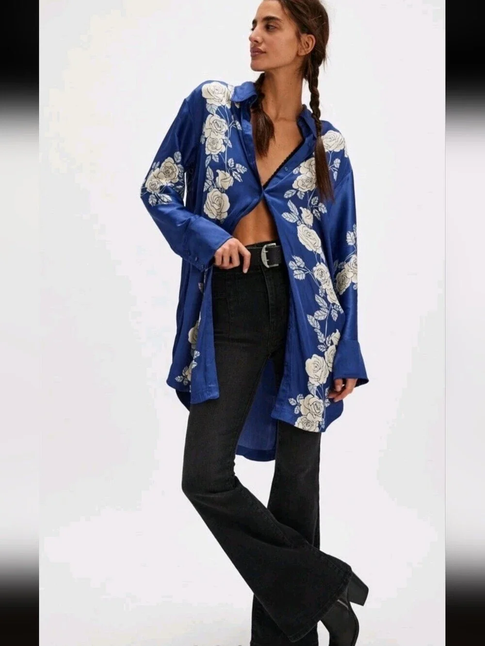 Free People Off The Vine Blue Satin Button-Up Tunic with Cream Rose Print_XS